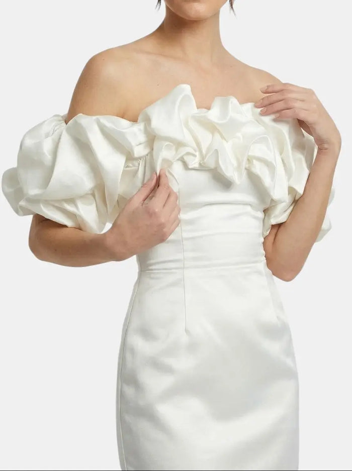 Women's satin off-shoulder mini dress with ruffled details, perfect for elegant summer cocktail wear, by LondonLaneStore.