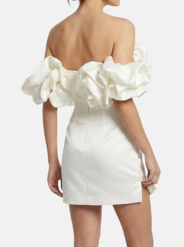 Women's satin off-shoulder mini dress with ruffled details, perfect for elegant summer cocktail wear.