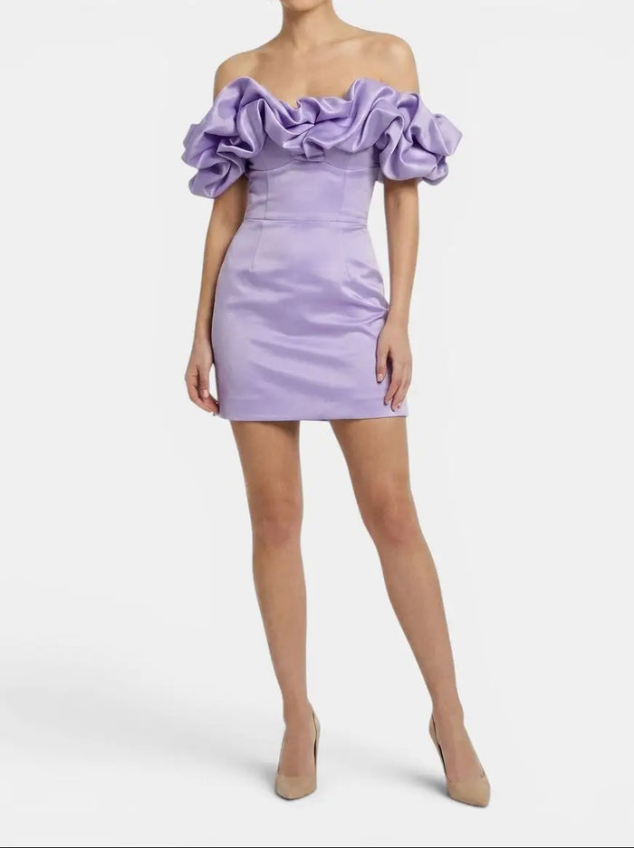 Women's satin off-shoulder mini dress with ruffled details, perfect for summer cocktail events, by LondonLaneStore.