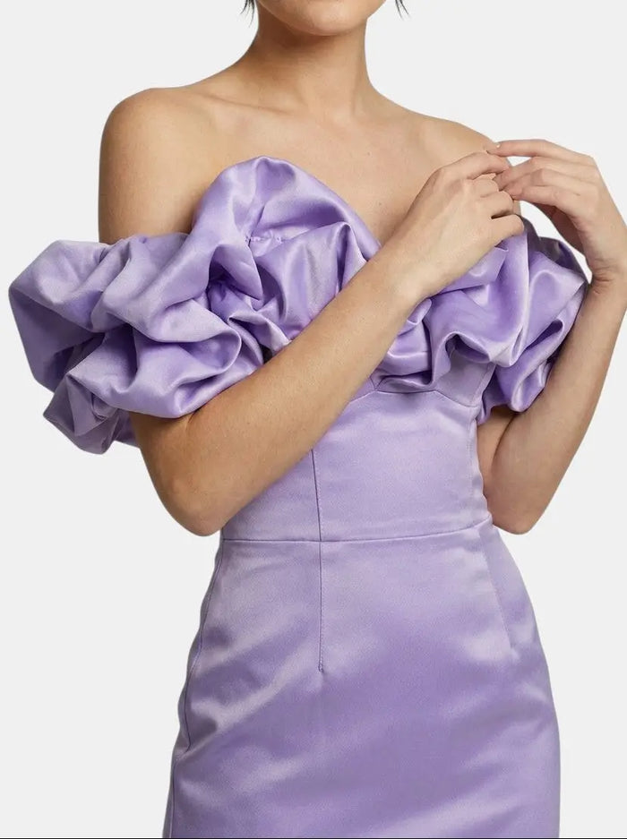 Women's satin off-shoulder mini dress with ruffled details, perfect for summer cocktail and elegant evening wear.