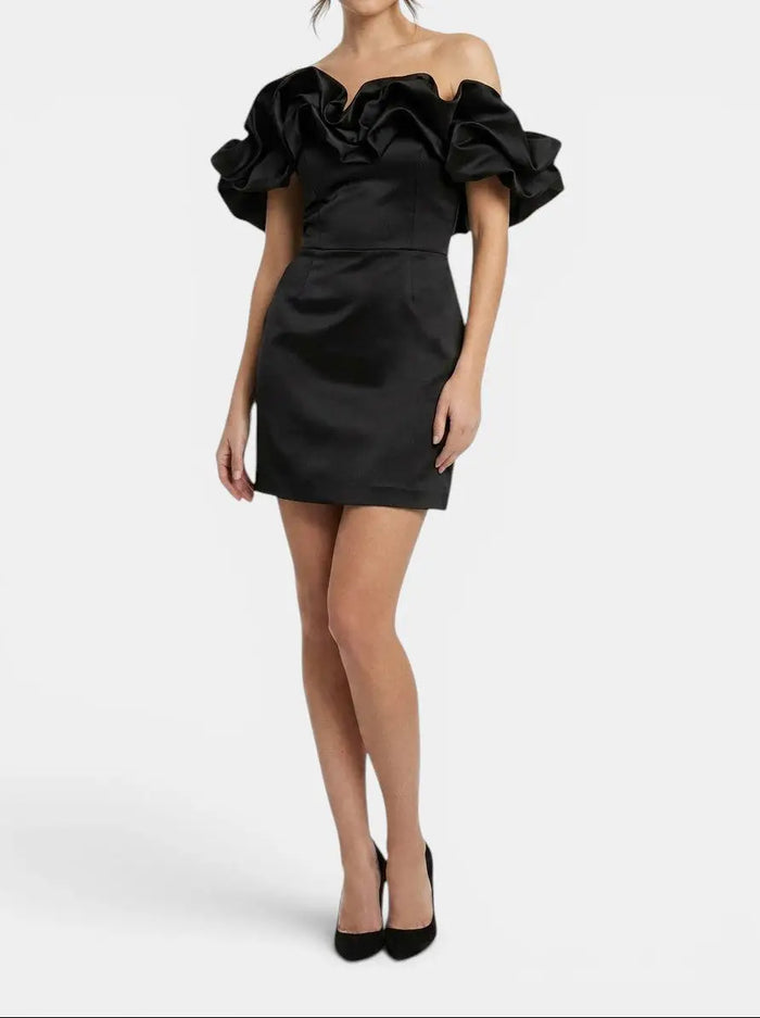 Elegant women's satin off-shoulder mini dress with ruffles, perfect for summer cocktail wear, by LondonLaneStore.