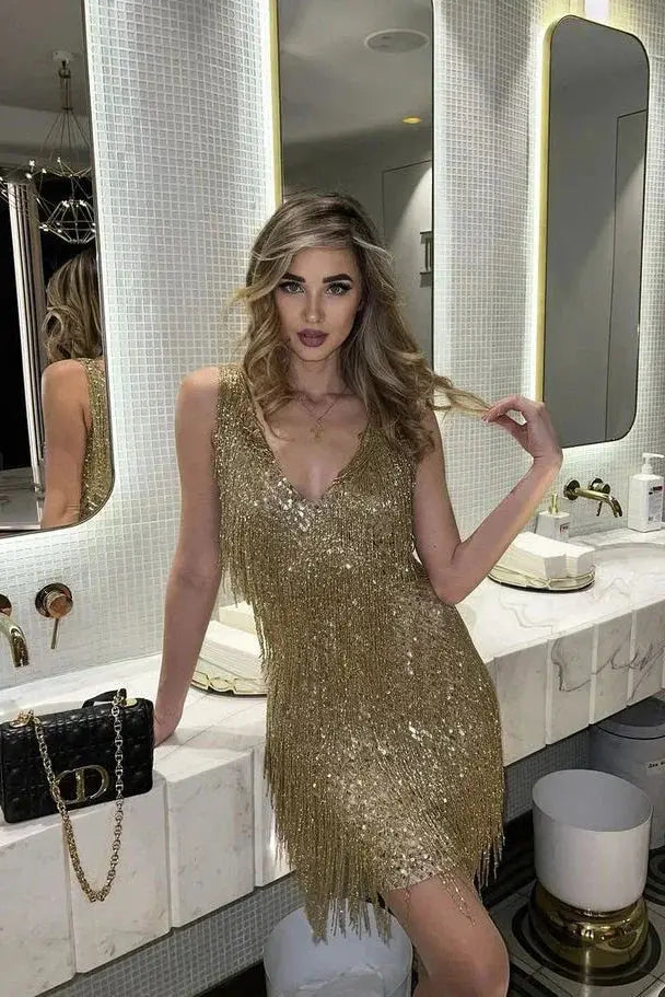 Women’s sequin cocktail dress with short fringe, stylish evening gown featuring shimmering sequins and a fitted silhouette.