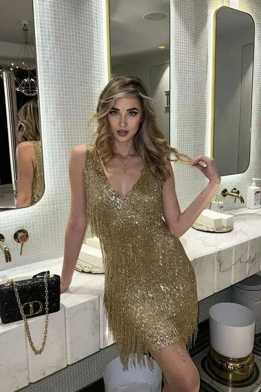 Women’s sequin cocktail dress with short fringe, stylish evening gown featuring shimmering sequins and a fitted silhouette.