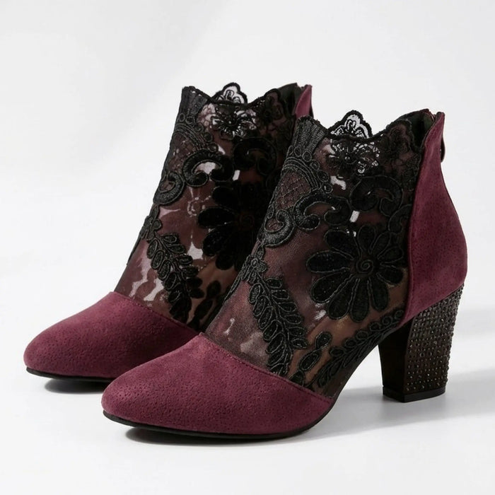 Elegant black women's lace block heel pumps, stylish dress shoes with sheer lace design and comfortable heel for women.