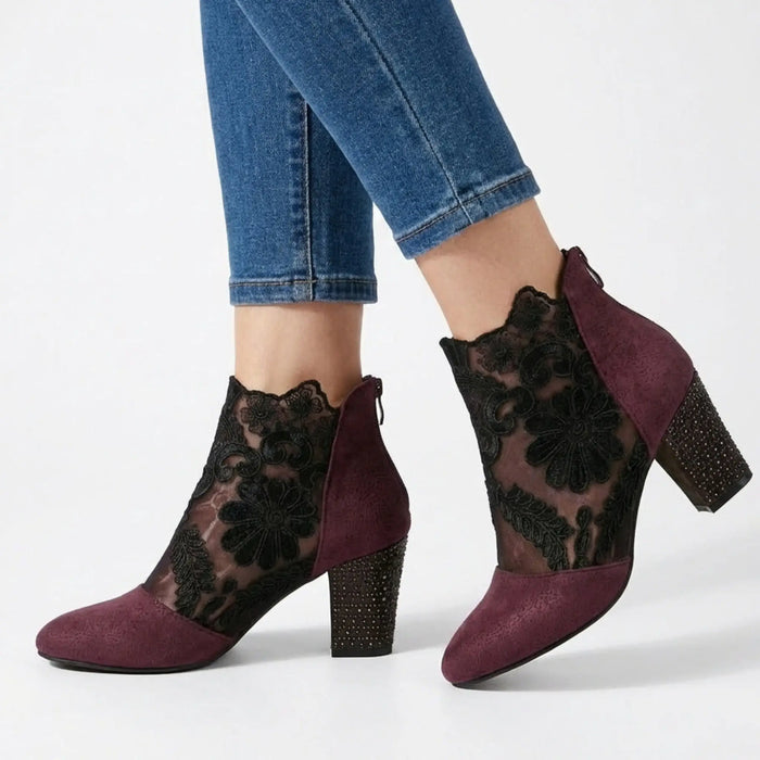 Women's black lace block heel pumps with sheer design, elegant dress shoes for women by LondonLaneStore.