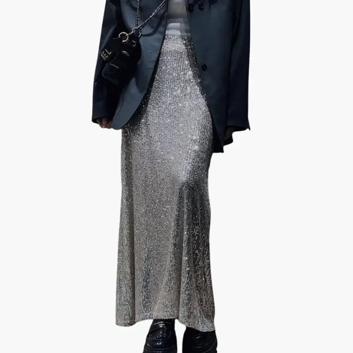 Women’s shimmering sequin maxi skirt by LondonLaneStore, high-waisted elegant evening wear with a flowing, glamorous silhouette.