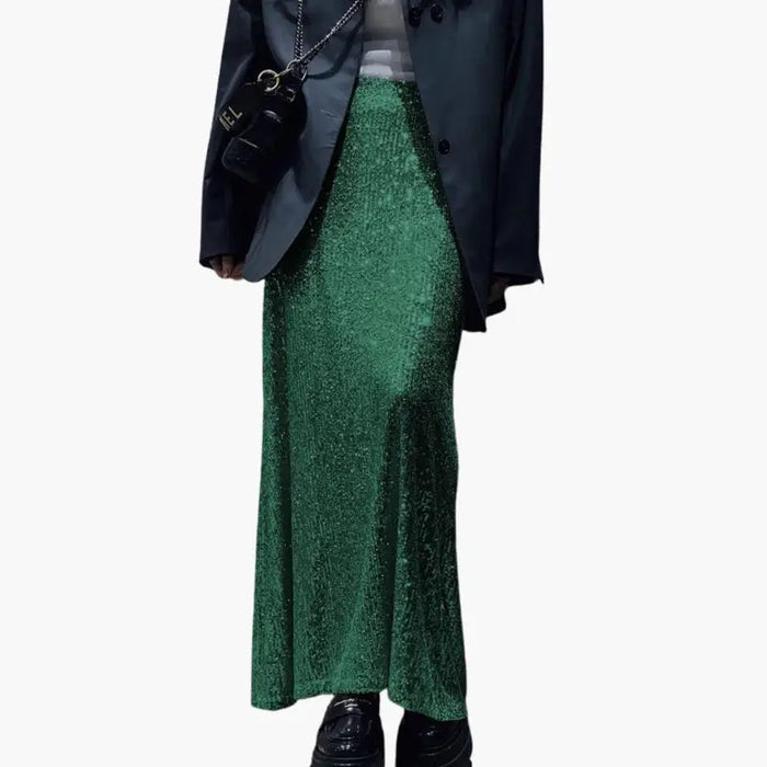 Women’s shimmering sequin maxi skirt by LondonLaneStore, high-waisted elegant evening wear with a flowing, glamorous design.