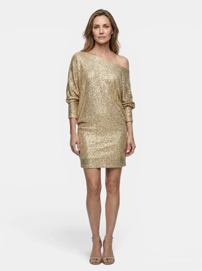 Women's shimmering sequined mini dress with long sleeves, relaxed fit, perfect for cocktail events. LondonLaneStore.