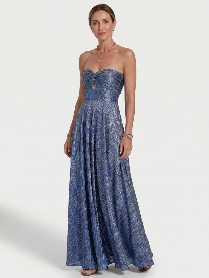 Women's shiny fabric maxi dress with strapless design and pleated detailing, perfect for elegant evening occasions.