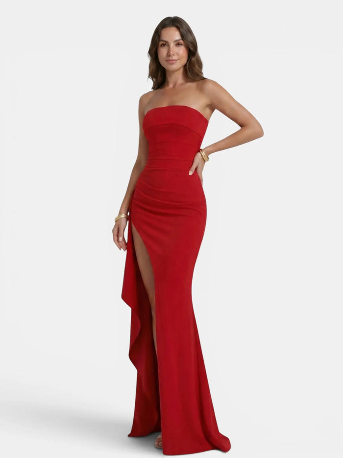 Women's smooth fabric strapless maxi dress with dramatic side slit, featuring a sleek design perfect for elegant occasions