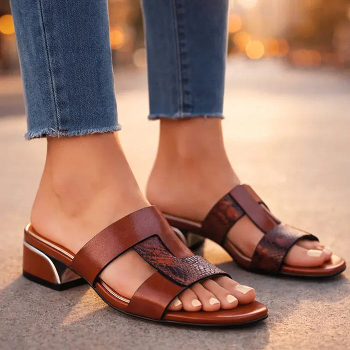 Women's leather T-strap sandals with snake print design, stylish casual orthopedic footwear by LondonLaneStore.
