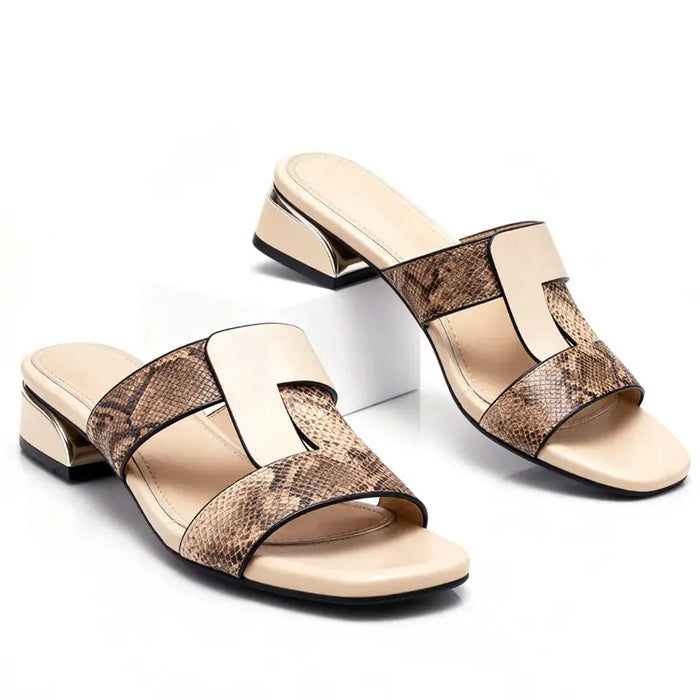Women’s smooth leather T-strap sandals with snake print design, stylish casual orthopedic footwear by LondonLaneStore.
