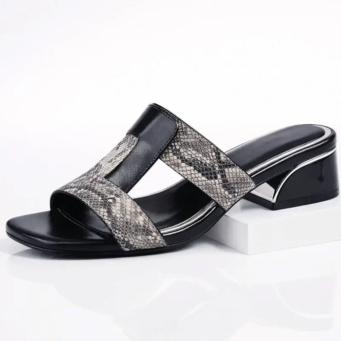 Women's leather T-strap sandals with snake print design, stylish casual footwear, orthopedic support, by LondonLaneStore.