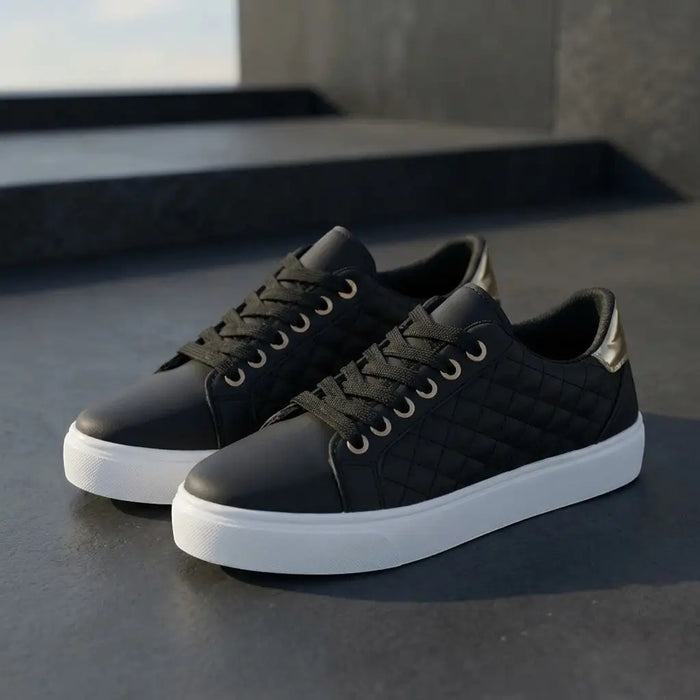 Women's smooth quilted lace-up sneakers by LondonLaneStore, stylish white low-top casual shoes with a sleek design.