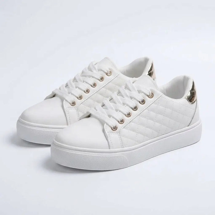 Women's quilted white lace-up sneakers from LondonLaneStore, low-top casual shoes with smooth quilted design and stylish look.