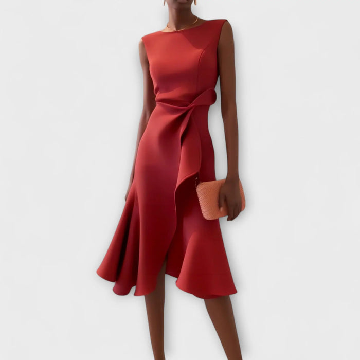 Women's soft draped midi dress with an asymmetric hem, perfect for summer, showcasing elegant, flowing fabric and stylish design.