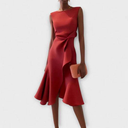 Women's soft draped midi dress with an asymmetric hem, perfect for summer, showcasing elegant, flowing fabric and stylish design.