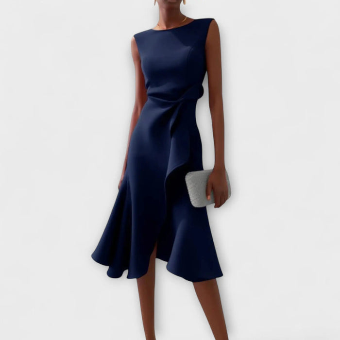 Women's soft draped midi dress with an asymmetric hem, perfect for summer, featuring a relaxed fit and elegant style.