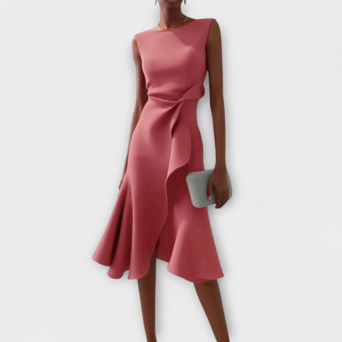Women's soft draped midi dress with elegant asymmetric hem, perfect for summer, by LondonLaneStore.