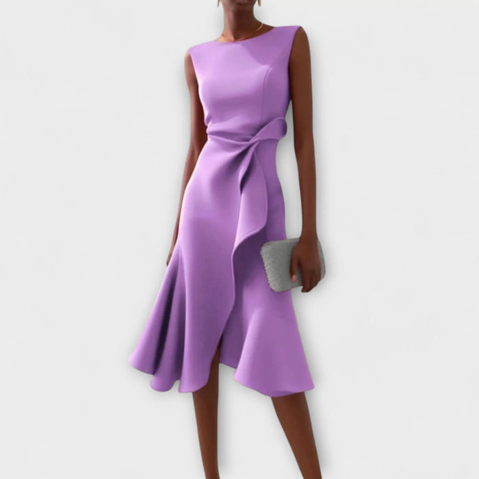 Women’s soft draped midi dress with an elegant asymmetric hem, perfect for summer, by LondonLaneStore.