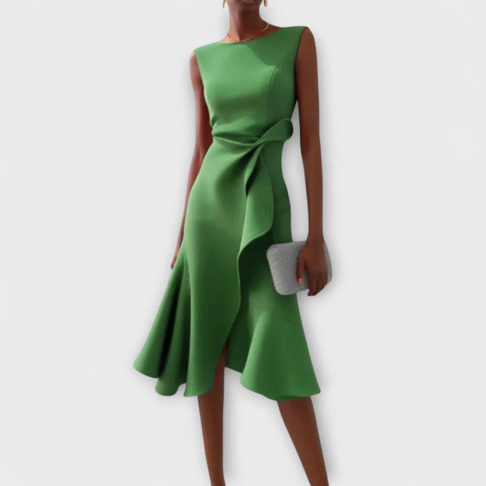 Women’s soft draped midi dress with elegant asymmetric hem, perfect for summer, by LondonLaneStore.
