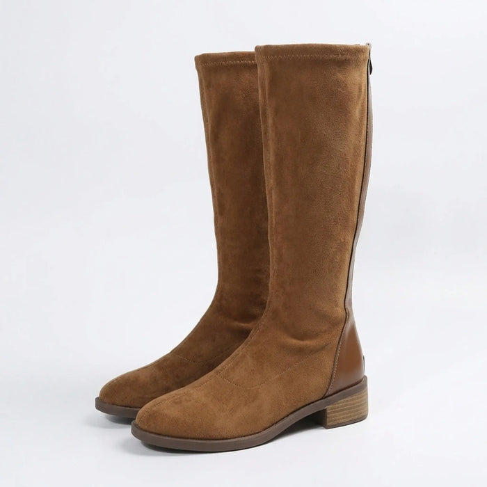 Women's soft fabric knee high boots with side zipper and flat sole, ideal for stylish everyday wear from LondonLaneStore.