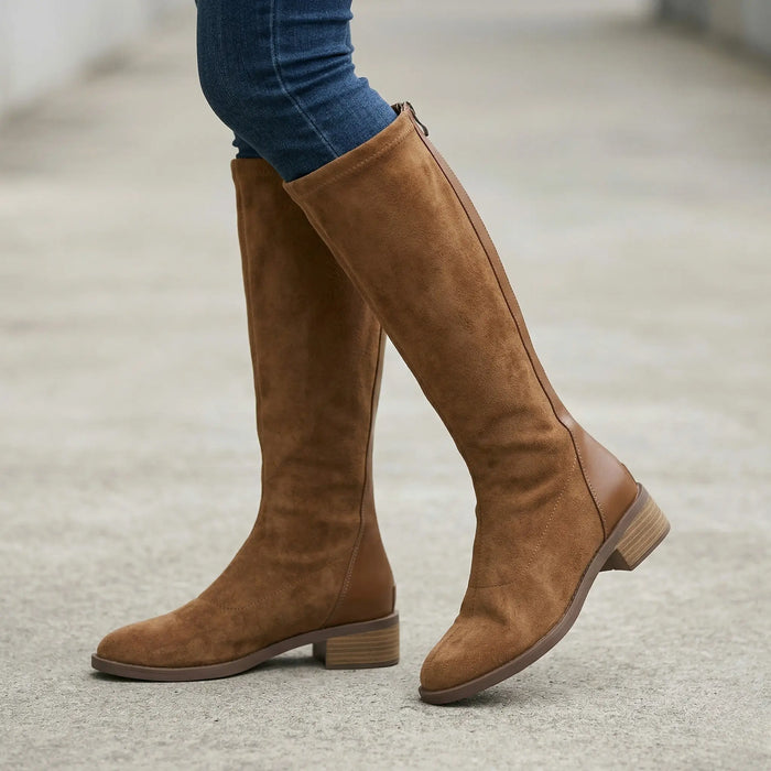 Women's soft fabric knee high boots with side zipper and flat sole, ideal for stylish everyday wear.