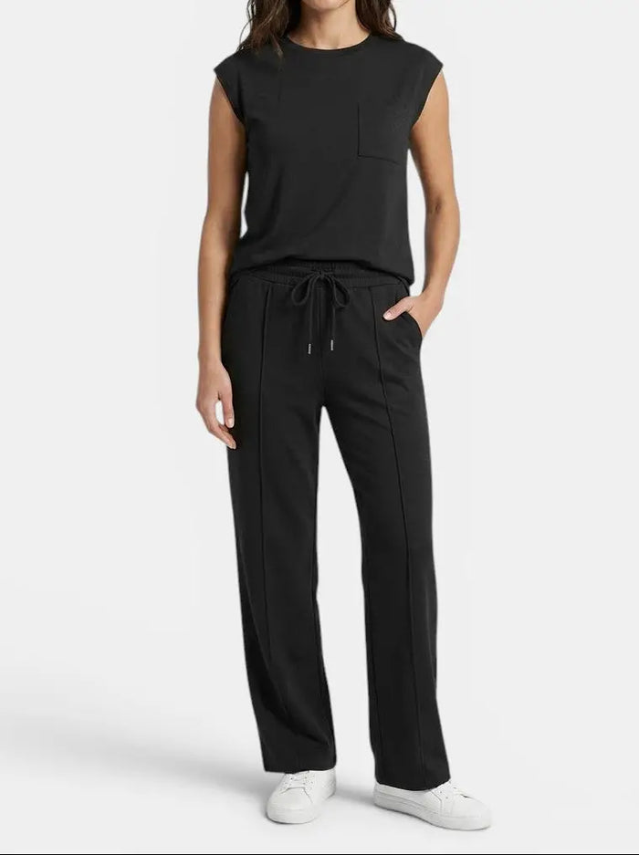 Women's soft fabric two-piece co-ord set by LondonLaneStore featuring a relaxed fit summer outfit with matching top and pants.