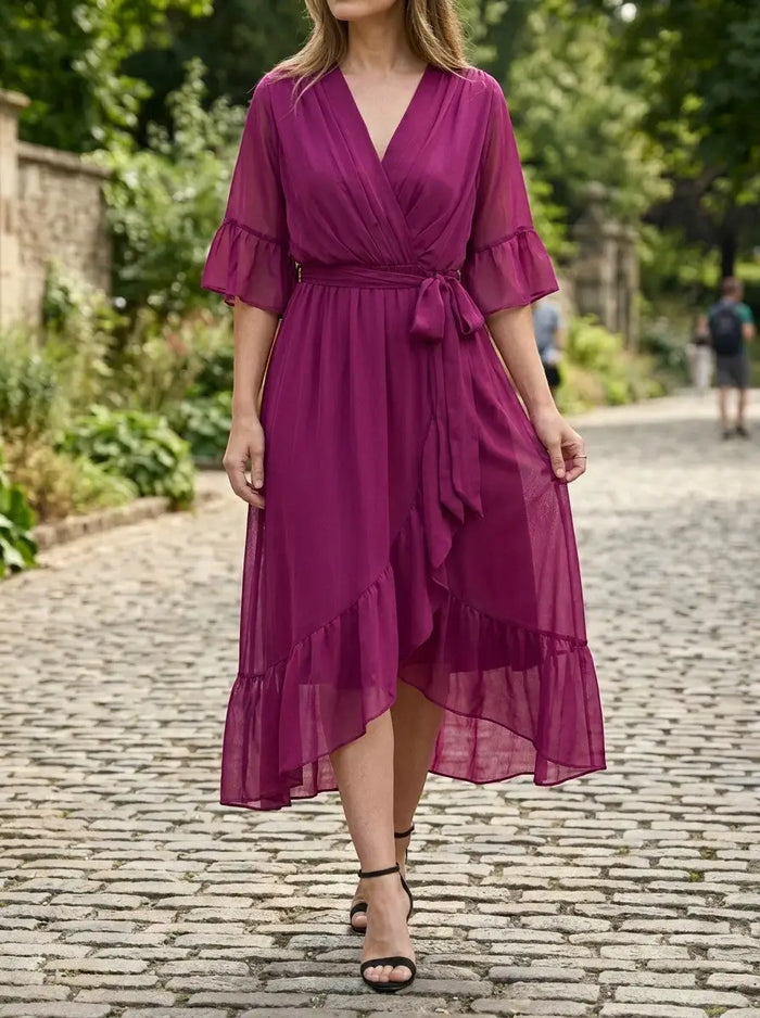 Women's soft fabric V-neck dress by LondonLaneStore, elegant and flattering evening gown with a flowing silhouette.