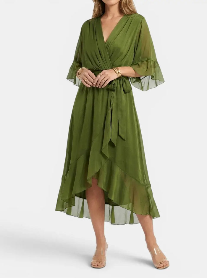 Women's soft fabric V-neck dress by LondonLaneStore, elegant and flattering evening gown with a smooth, flowing silhouette.