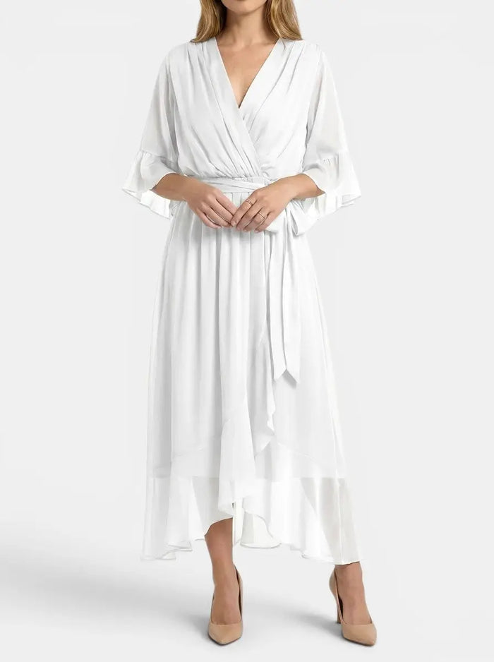 Women's soft fabric V-neck dress by LondonLaneStore, elegant evening gown with a flattering fit and flowing silhouette.