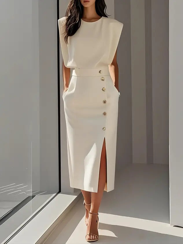 Women’s soft midi dress with classic round neck and elegant button slit, perfect for summer, by LondonLaneStore.