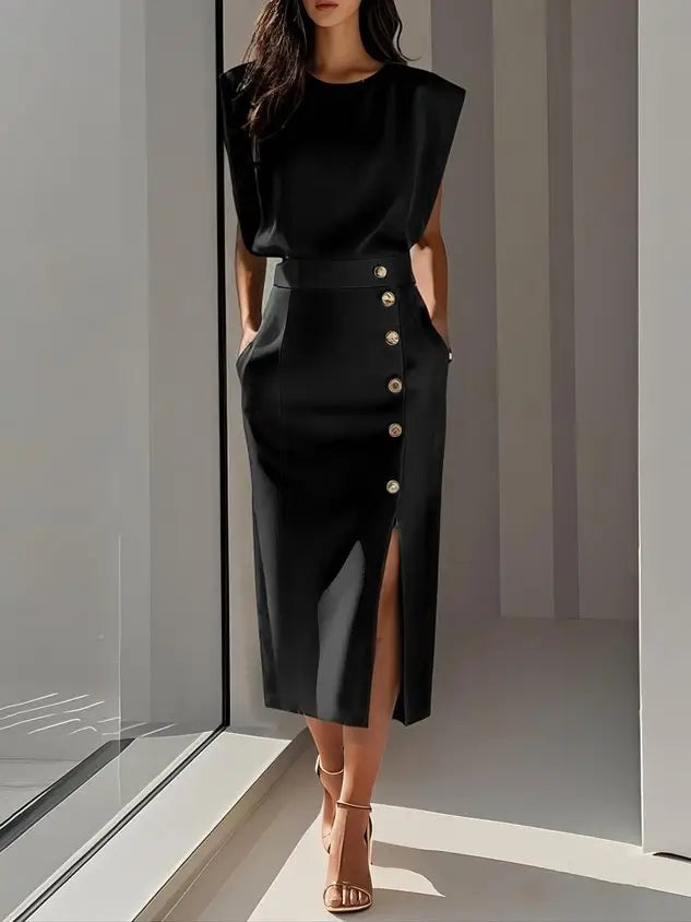 Women’s soft midi dress with classic round neck and elegant button slit design, perfect for summer wear.
