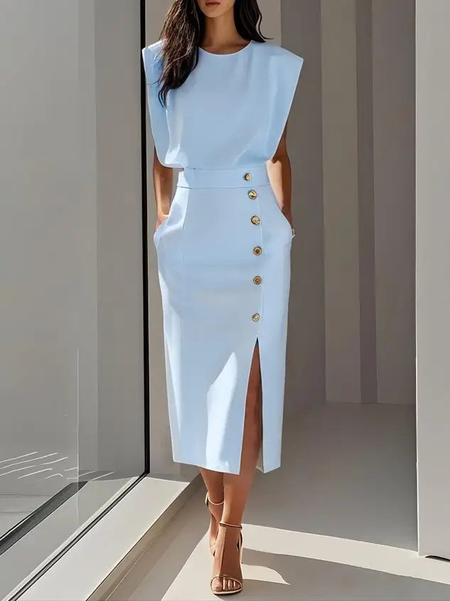 Women’s soft midi dress by LondonLaneStore featuring a classic round neck and elegant button slit for summer wear.