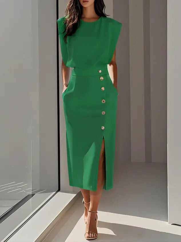 Women’s soft midi dress by LondonLaneStore featuring a classic round neck and elegant button slit for summer wear.