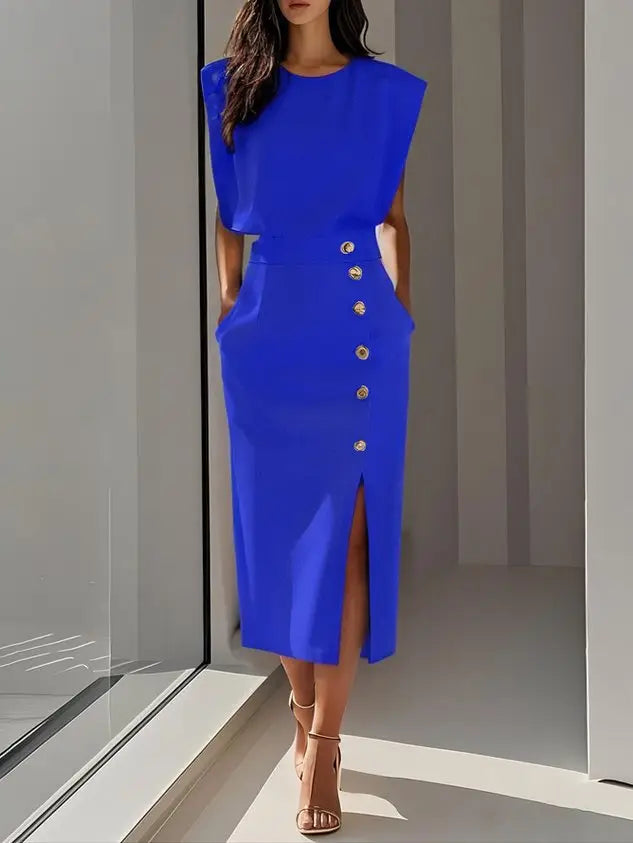 Women's soft midi dress with classic round neck and elegant button slit, perfect for summer wear, by LondonLaneStore.