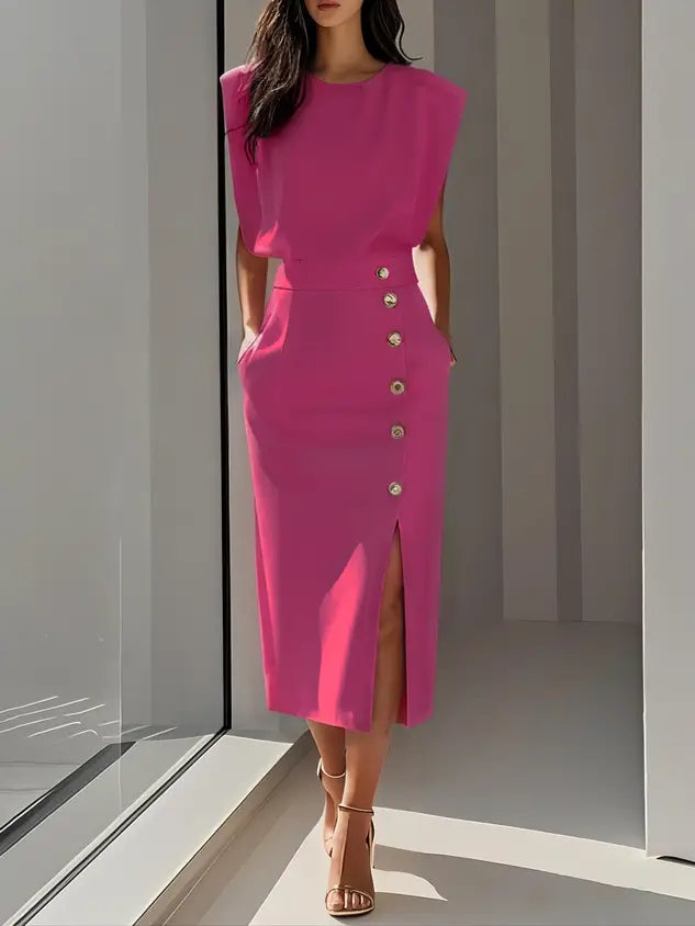Women’s soft midi dress with a classic round neck and elegant button slit, perfect for summer, by LondonLaneStore.