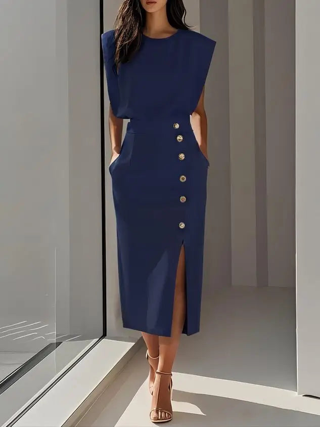 Women’s soft midi dress with classic round neck and elegant button slit, perfect for summer, by LondonLaneStore.