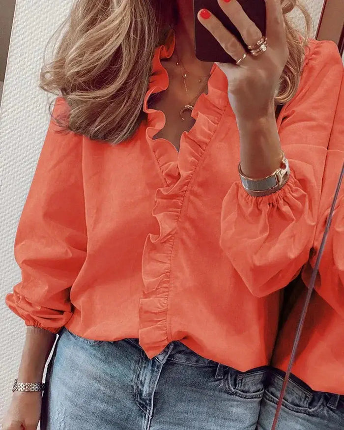 Women's soft polyester blouse with romantic ruffled neckline and puff sleeves, stylish top from LondonLaneStore.