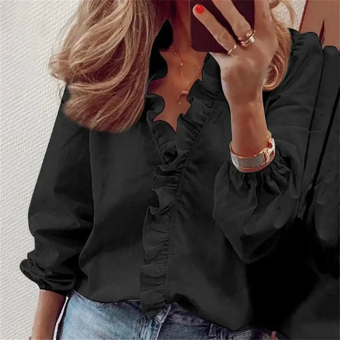 Women's soft polyester blouse with romantic ruffled neckline and puff sleeves, stylish top by LondonLaneStore.