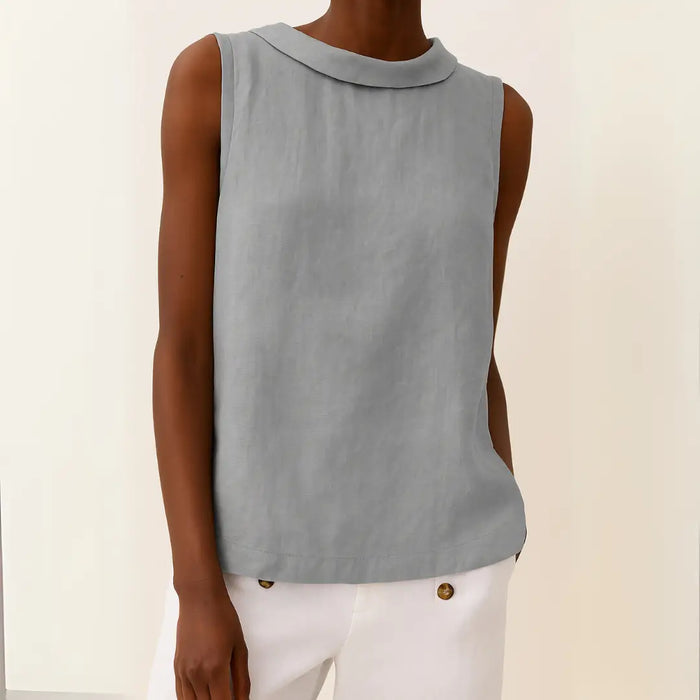 Women’s sleeveless summer blouse with softly rolled collar from LondonLaneStore, lightweight and comfortable for warm weather.