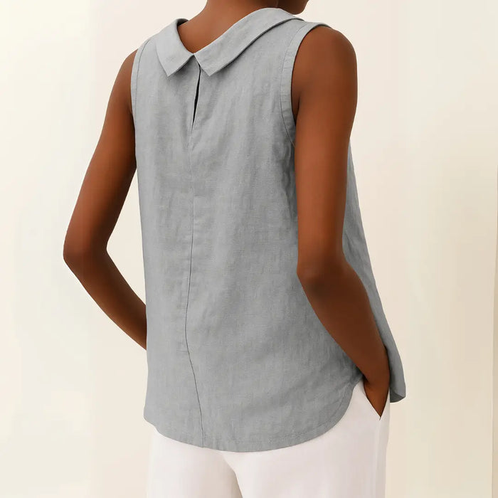 Women's sleeveless summer blouse with a softly rolled collar from LondonLaneStore, lightweight and comfortable for warm weather.