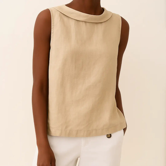 Women’s sleeveless summer blouse with softly rolled collar, stylish and comfortable top from LondonLaneStore.
