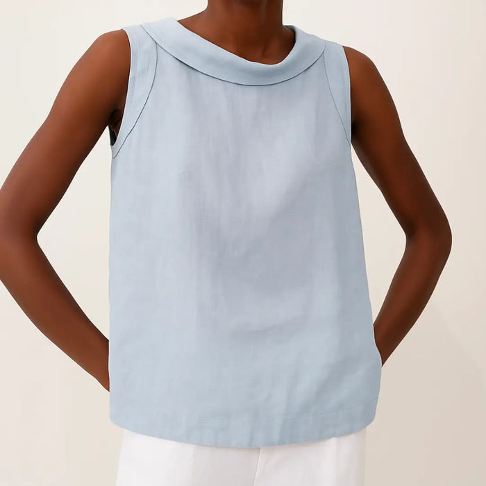 Women’s sleeveless summer blouse with softly rolled collar, stylish and comfortable top by LondonLaneStore.