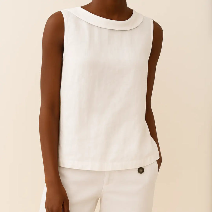 Women’s sleeveless summer blouse with softly rolled collar, stylish and comfortable top from LondonLaneStore.