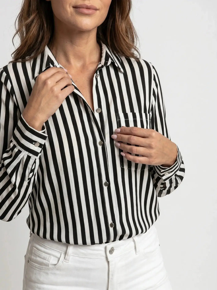 Elegant women's striped tailored blouse with slim fit long sleeves from LondonLaneStore, showcasing a stylish, fitted design.