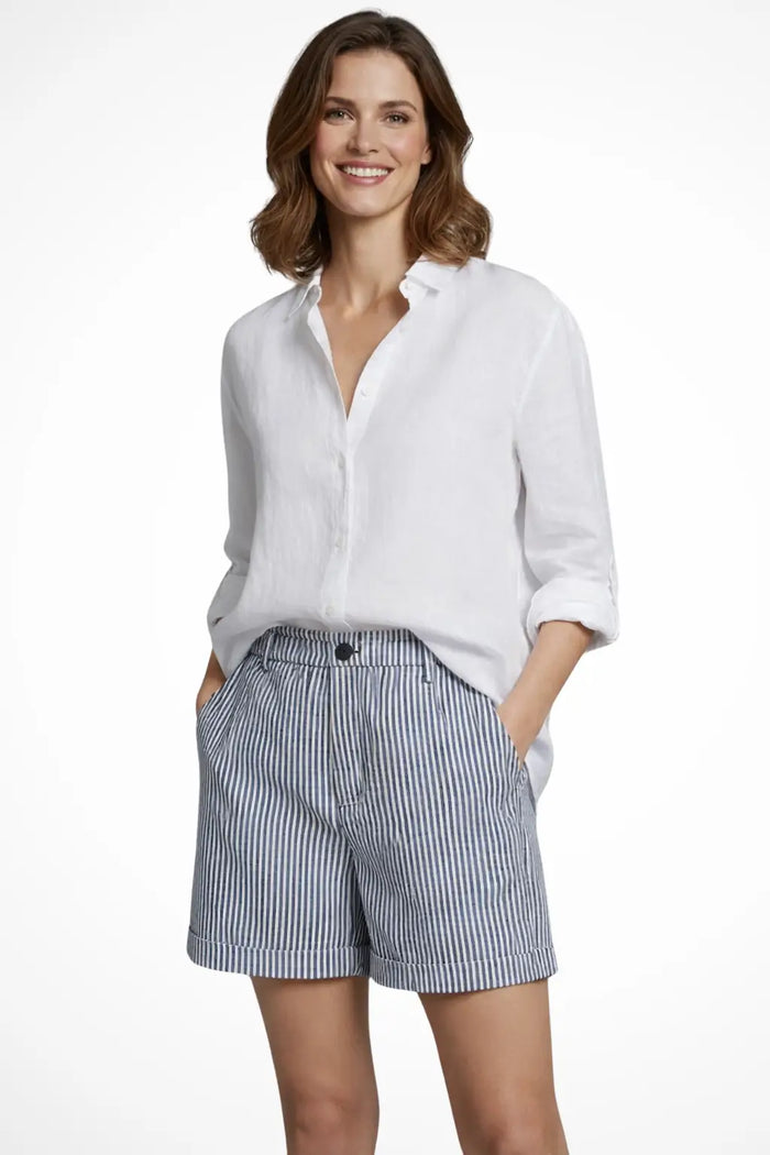 Women's striped high-waist tailored shorts with button detail, perfect for elegant summer style from LondonLaneStore.