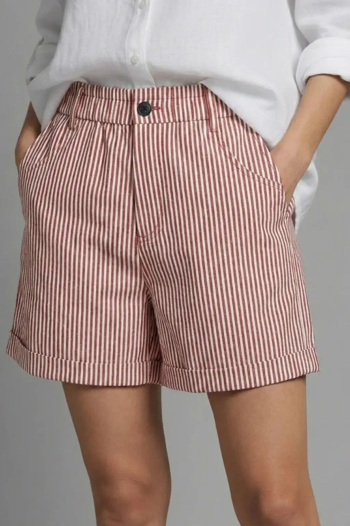 Women’s striped high-waist tailored shorts with button detail, perfect for summer fashion, from LondonLaneStore.