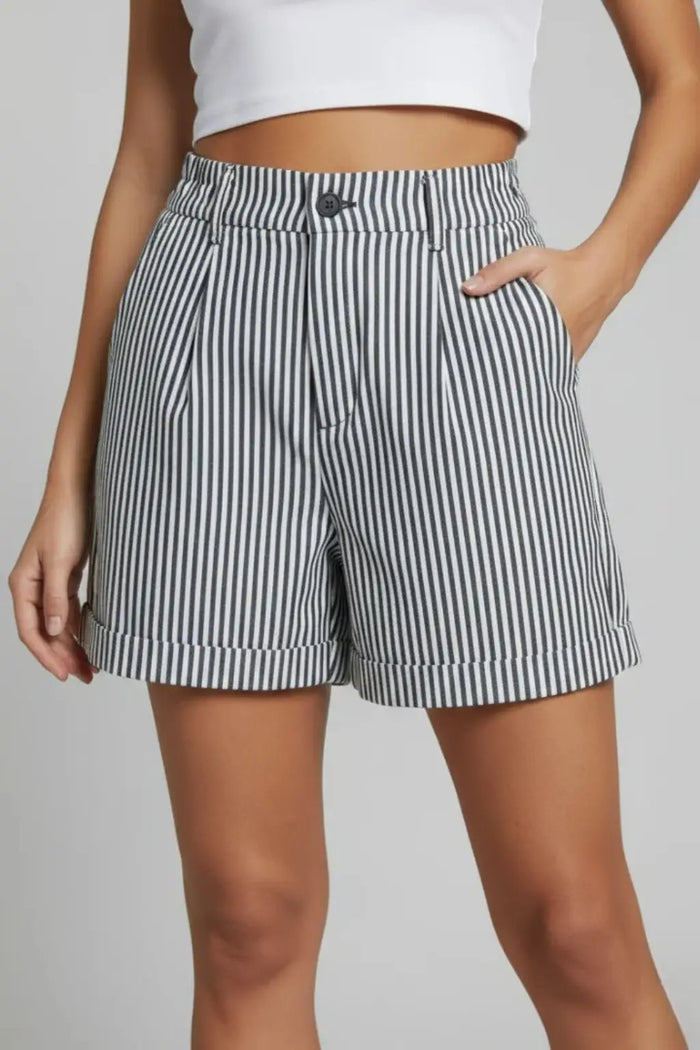 Women's high-waist striped tailored shorts with button detail, perfect for a stylish summer look.