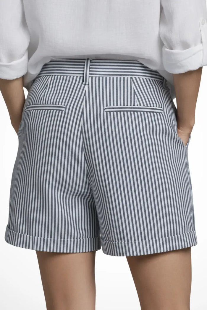 Women’s striped high-waist tailored shorts with button detail, elegant summer design, by LondonLaneStore.